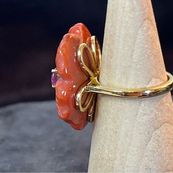 NWT Carved Red Jade & Niassa Ruby Primrose Floral Ring Yellow Gold /Sterling - Picture 5 of 13